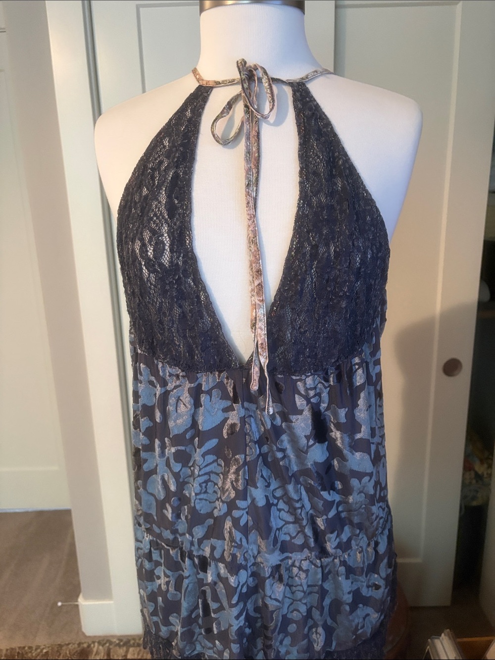 Navy Lace Halter Floral mix fabric halter top